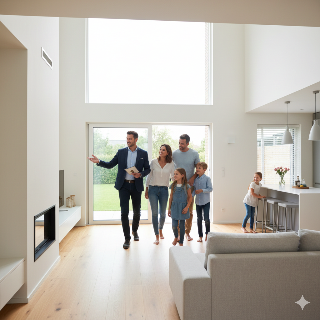 familia viendo una casa que muestra un agente inmobiliario