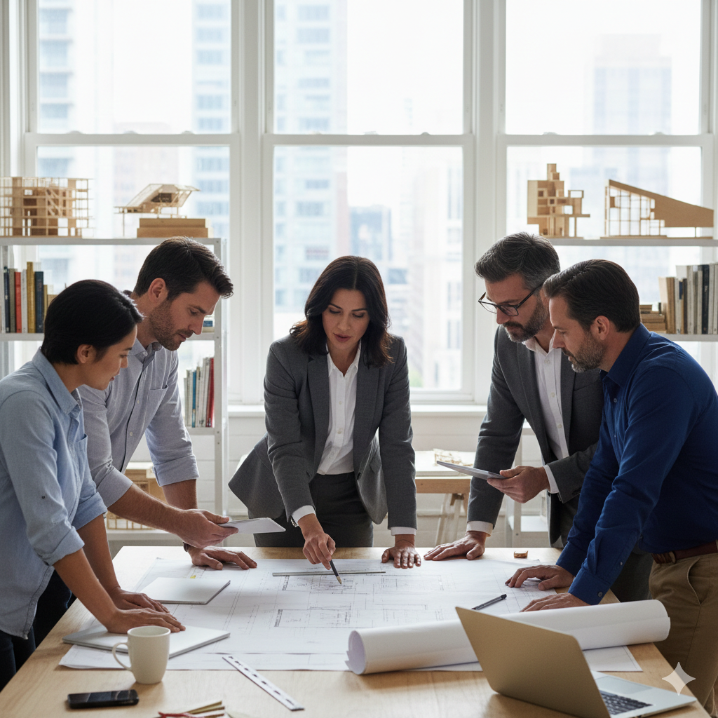 un equipo de trabajo viendo los planos de una casa se encuentran 4 hombres y una mujer