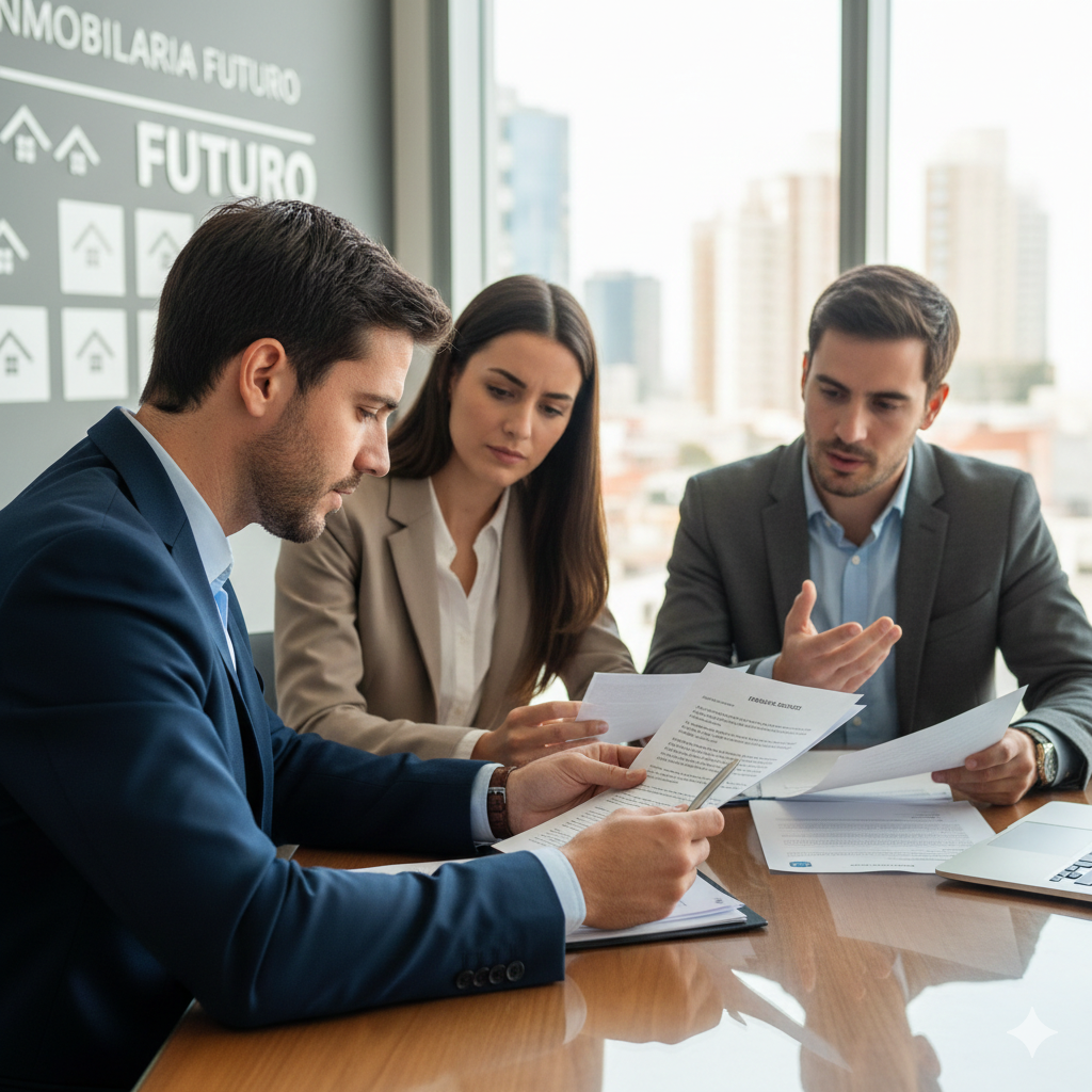 asesor mostrando documentos a cliente y señalando puntos importantes.